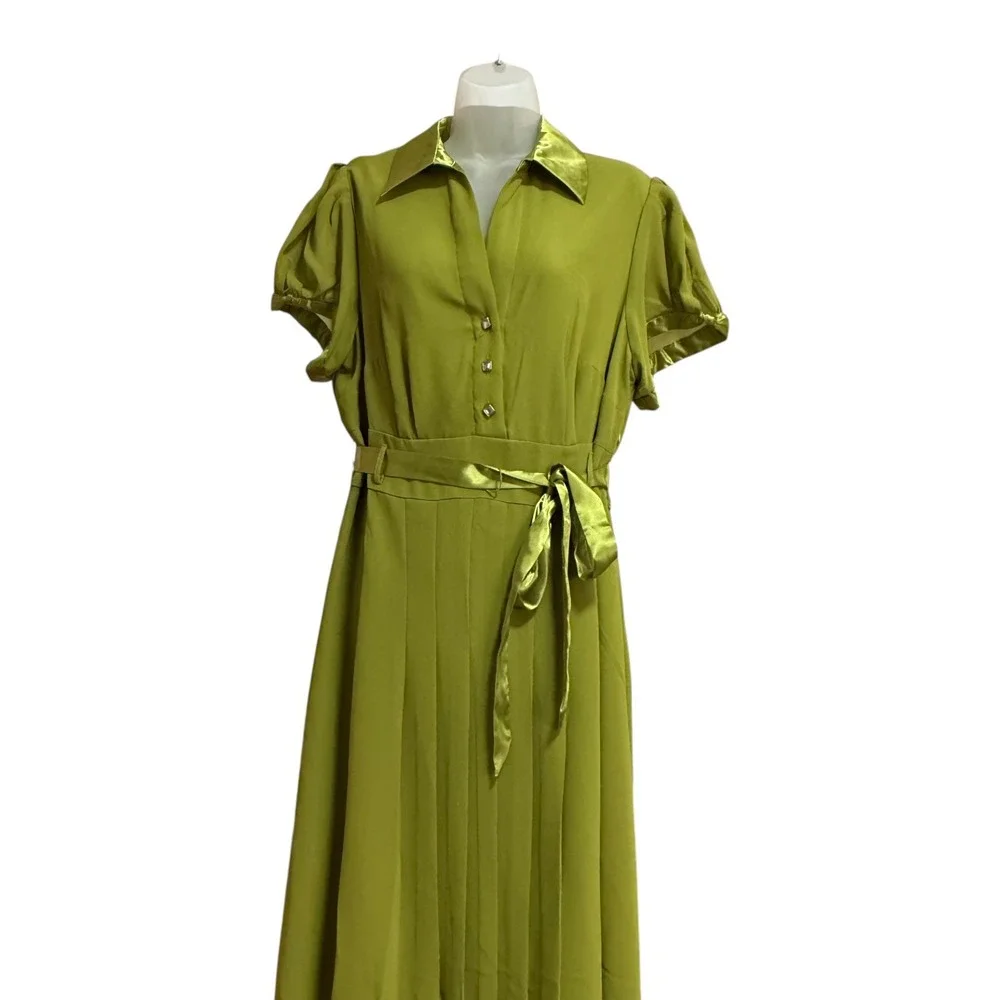 Jessica London Pleated Midi Dress Women 16W Green Excellent Short Sleeve Belted - Picture 3 of 6
